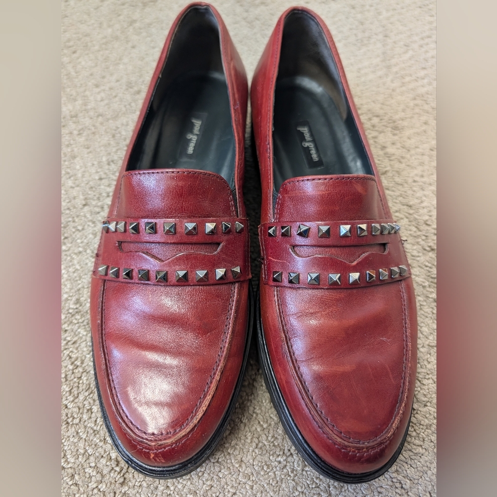Vintage Paul Green Burgundy Red Leather Studded Chunky Loafers Women Size 7.5 - Picture 2 of 8